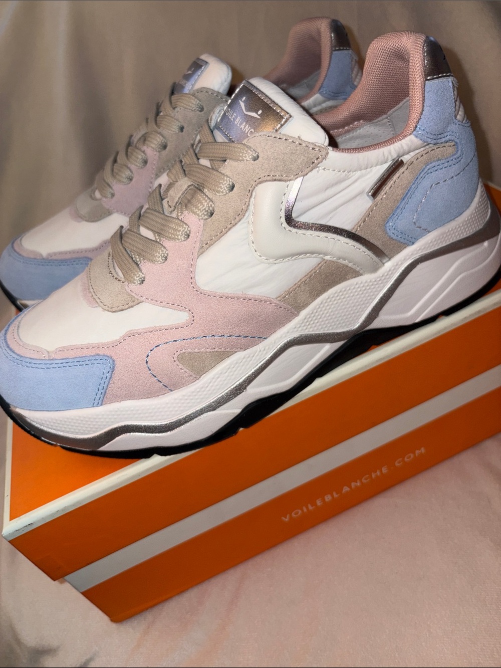 NWT VOILE BLANCHE CLUB119 Nylon and Suede Sneaker in Sky Blue- Pink- White - Picture 14 of 16